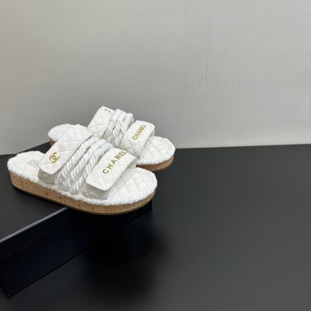 Chanel Woven Hemp Rope And Cork Bottom Colored Slippers