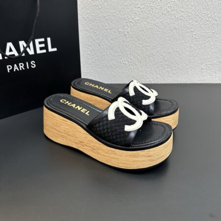 Chanel Hollow Mesh Double C Thick Sole Slope Heel Slippers