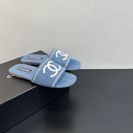 Chanel Spring And Summer Denim Flat Embroidered Slippers