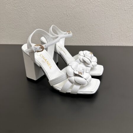 Chanel Camellia Roman Three Straw High Heel Sandals