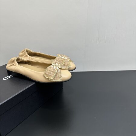 Chanel Crystal Diamond Buckle Bow Ballet Elastic Flat Shoes