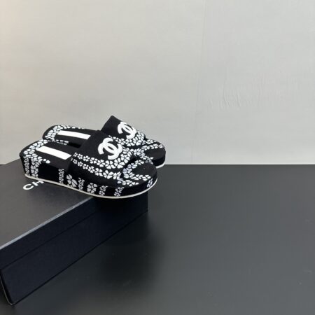 Chanel Double C Printed Denim Thick Soled Slippers