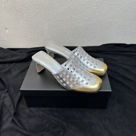 Chanel Hollow Grid Square Toe High Heeled Slippers