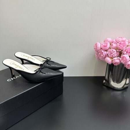 Chanel Pointed Splicing Bow High Heels Half Slippers