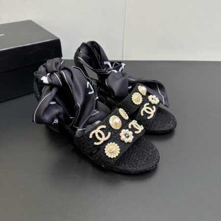 Chanel High Heeled Silk Bow Sandals