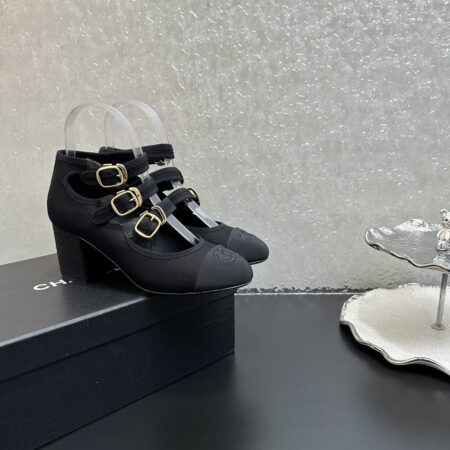 Chanel Three Strip Splicing Mary Jane High Heels Shoes